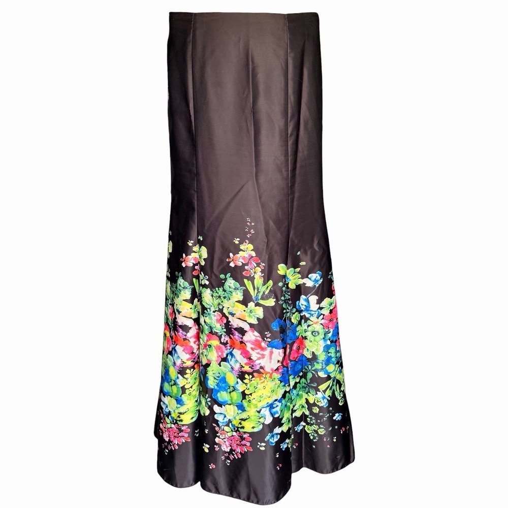 Black Floral Print Mesh Tulle High Waist Flowy A-line Maxi Skirt 2XL Prom Formal